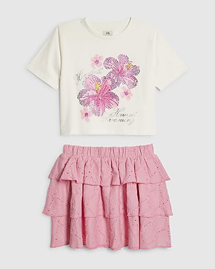 Girls Pink Floral Sequin T-Shirt & Skirt Set