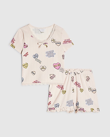 Girls Pink Love Heart Pointelle Pyjamas Set