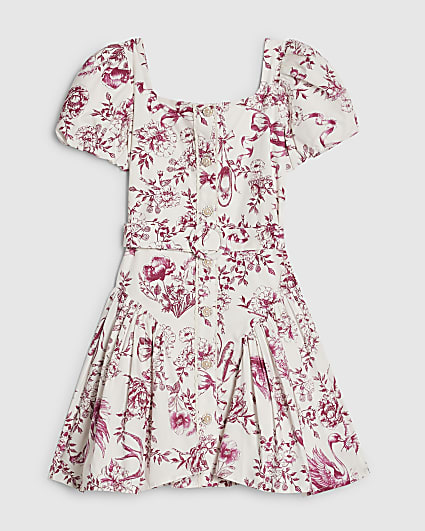 Girls White Floral Printed Dress