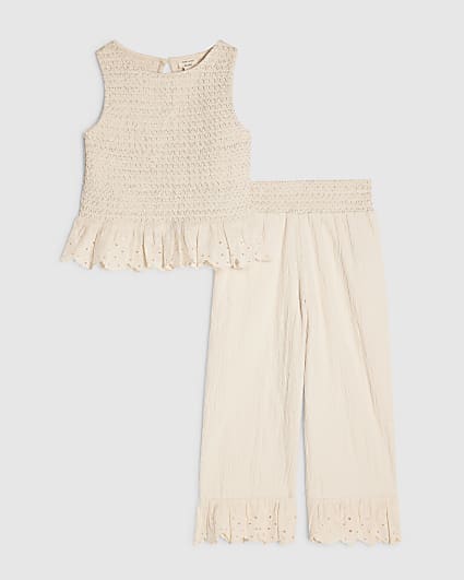 Mini Girls Cream Shirred Trouser Set