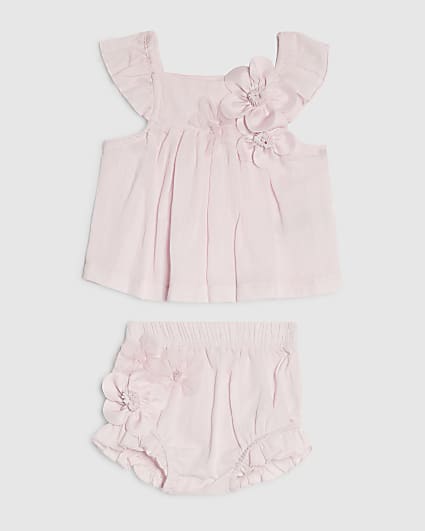 Baby Girls Pink Smock 3D Flower Top Set