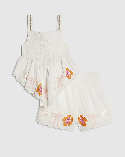 Mini Girls White Embellished Top & Short Set