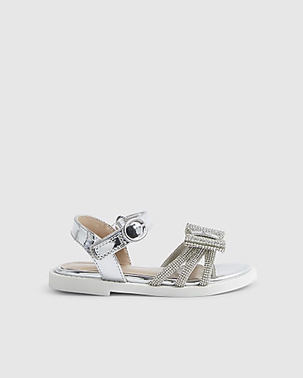 Mini Girls Silver Diamante Bow Sandals