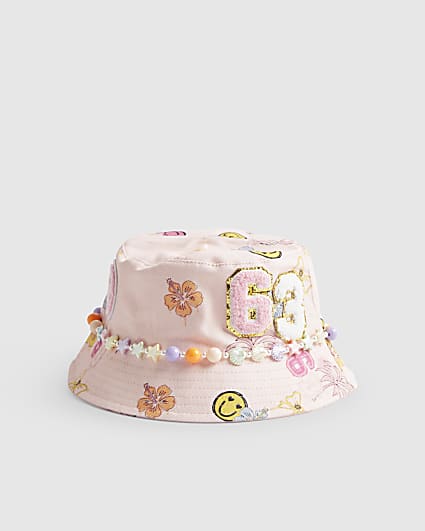 Girls Pink Graffiti Beaded Bucket Hat