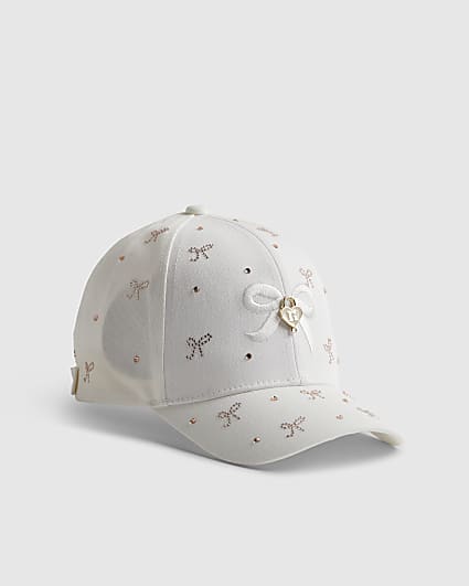 Girls Cream Diamante Bow Cap