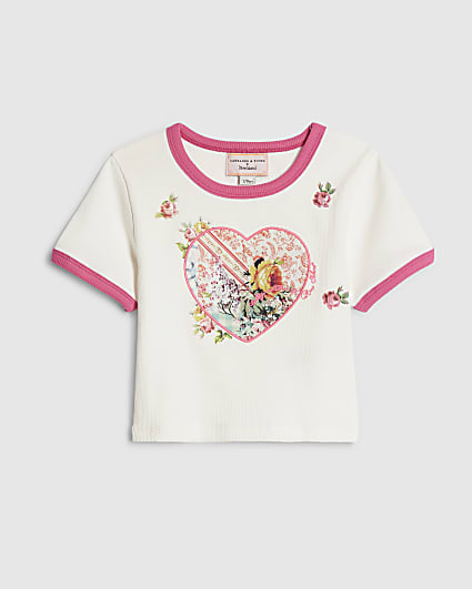 Girls White Rib Heart T-Shirt