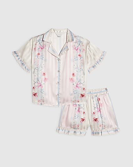 Girls Pink Floral Border Satin Pyjamas Set