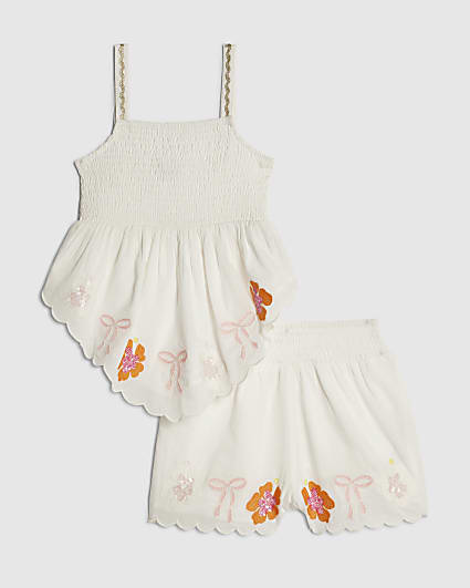 Girls White Embellished Top Set