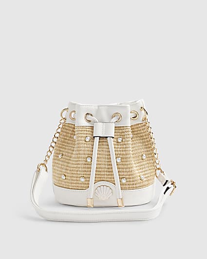 Girls Brown Woven Pearl Bucket Bag