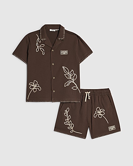 Mini Boys Brown Embroidered Floral Swim Set