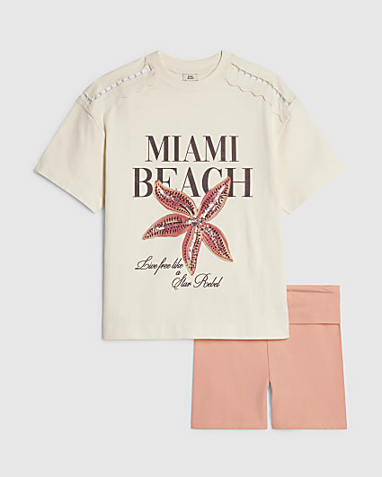 Girls White Miami Beach T-Shirt Set