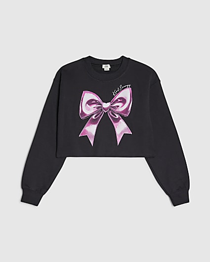 Girls Black Bow Cropped Sweatshirt