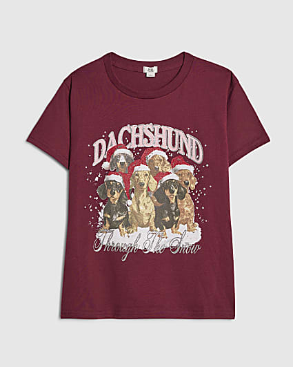 Girls Burgundy Dachshund Snow T-Shirt