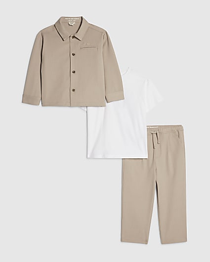Mini Boys Beige Tailored 3 Piece Shirt Set