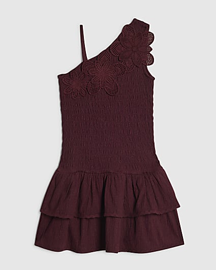 Girls Brown Asymmetric Crochet Flower Dress