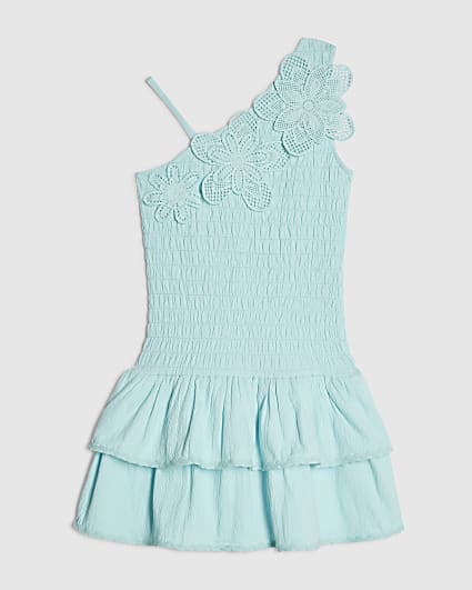 Girls Blue Asymmetric Crochet Flower Dress