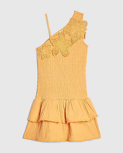 Girls Orange Asymmetric Crochet Flower Dress
