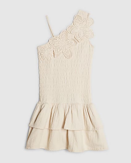 Girls Cream Asymmetric Crochet Flower Dress