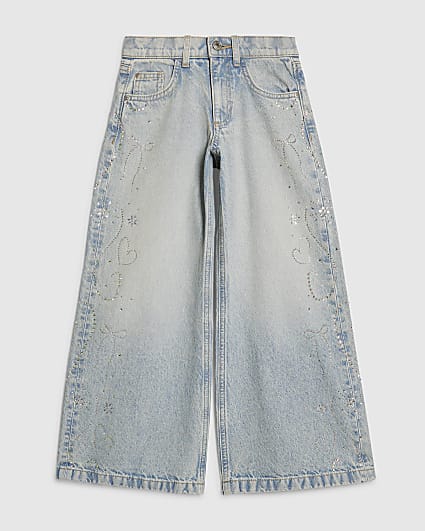 Girls Side Embellished Wide Leg Jeans