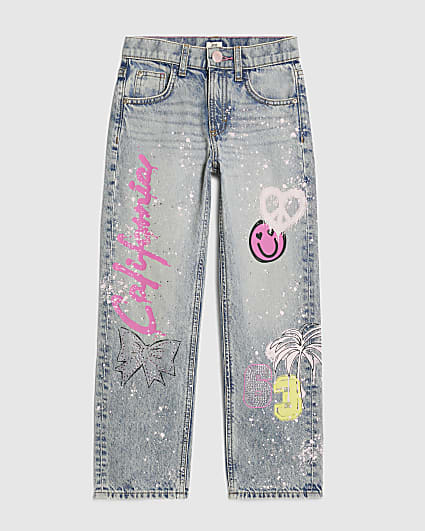 Girls Blue Neon Graffiti Straight Jeans