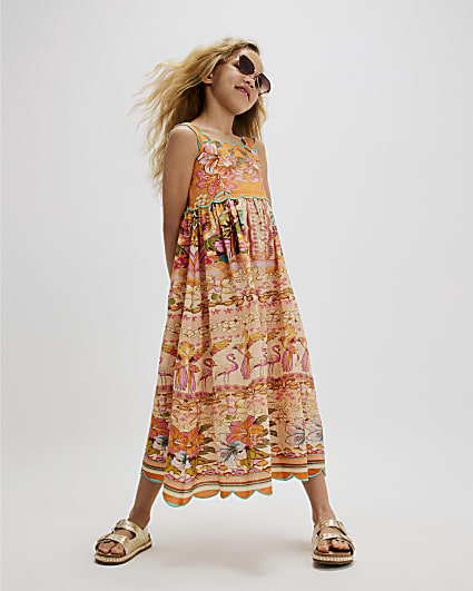 Girls Orange Scallop Maxi Dress