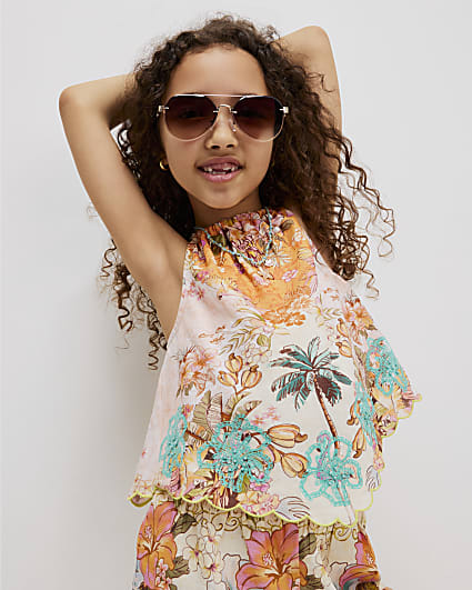 Girls Orange Hanky Hem Top & Short Set