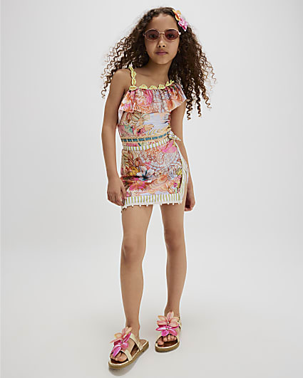 Girls Orange Swimsuit & Skirt Set