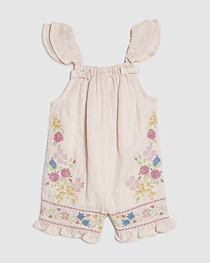 Baby Girls Pink Floral Cross Stitch Romper