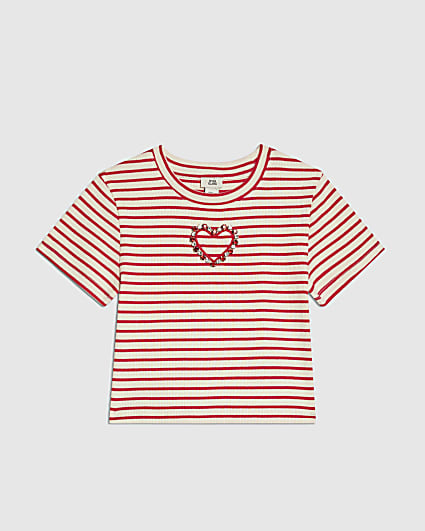 Girls Red Stripe Heart Cropped T-Shirt