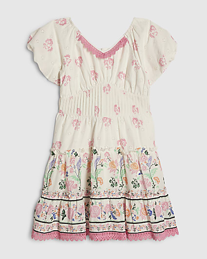 Girls White Floral Lace Trim Dress