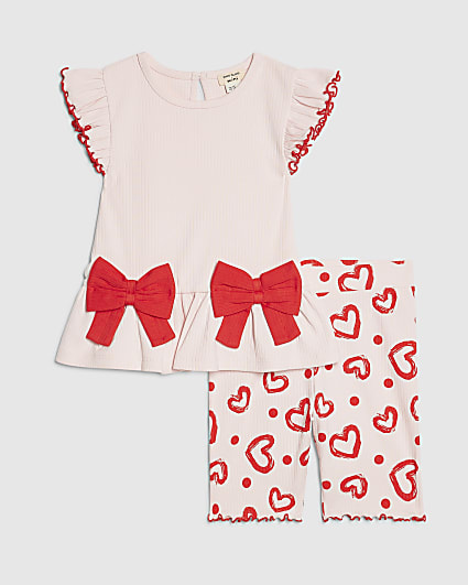 Mini Girls Pink Hearts Ribbed Shorts Set