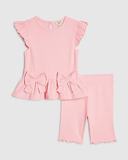 Mini Girls Pink Peplum Bow Rib Shorts Set