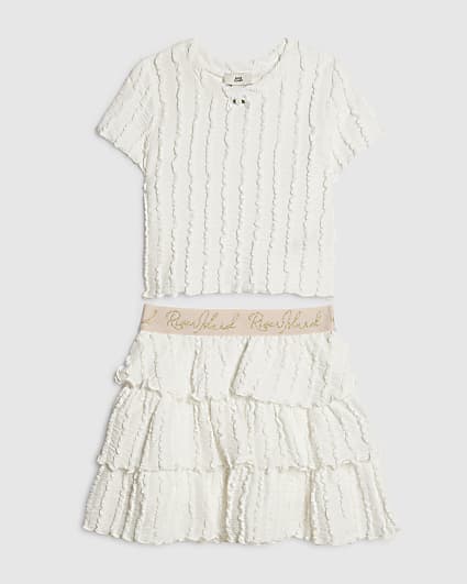 Girls White Crinkle T-shirt and Skirt Set
