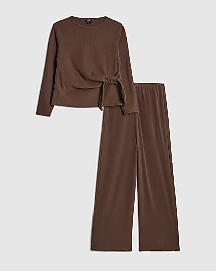 Girls Brown Cosy Ribbed Top Set
