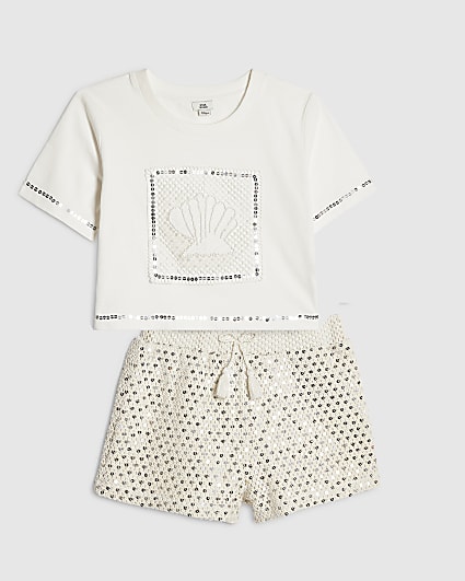 Girls White Crochet Tops &  Shorts Set