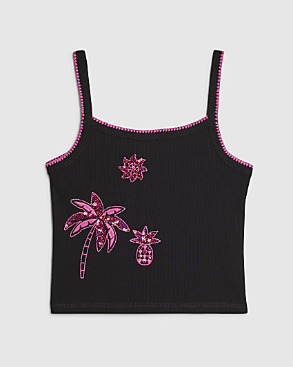 Girls Black Sequin Palm Tree Cami Top