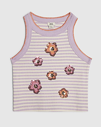 Girls Purple Stripe Sequin Floral Tank Top