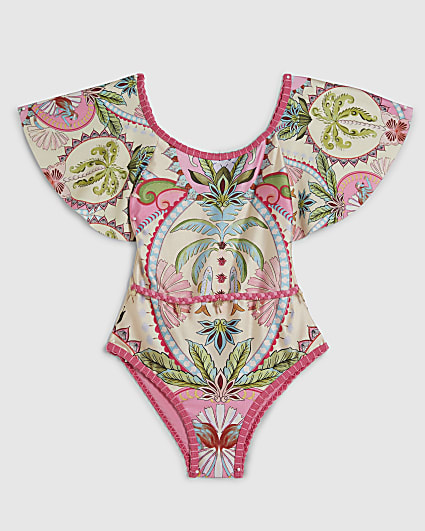 Girls Pink Palm Tree Print Swimsuit