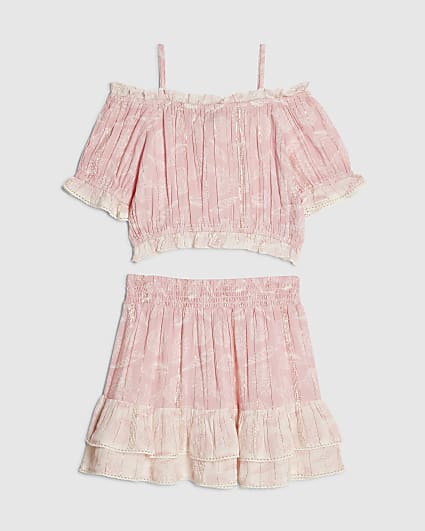 Girls Pink Shell Button Up Top & Skirt Set