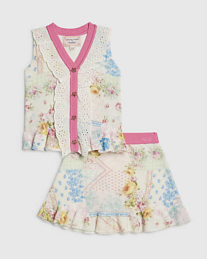 Mini Girls Cream Floral Skirt Set