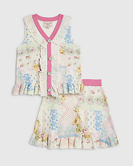 Girls Cream Cabbages & Roses Floral Skirt Set