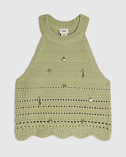 Girls Khaki Charm Crochet Top
