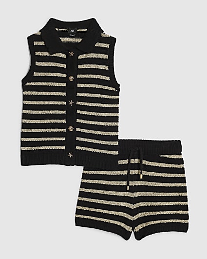 Girls Black Stripe Top & Short Knit Set