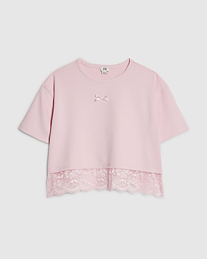 Girls Pink Lace Trim T-Shirt
