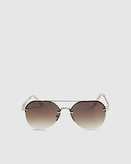 Girls Brown Rimless Aviator Sunglasses