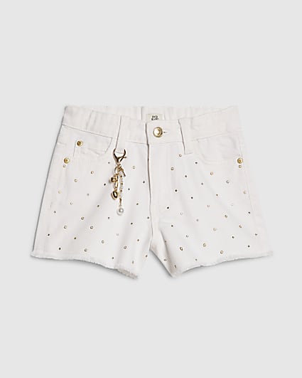 Girls White Pearl Embellished Denim Shorts