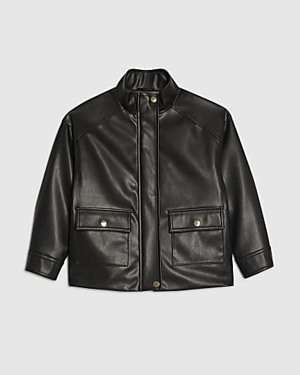 Girls Black Faux Leather Funnel Bomber Jacket