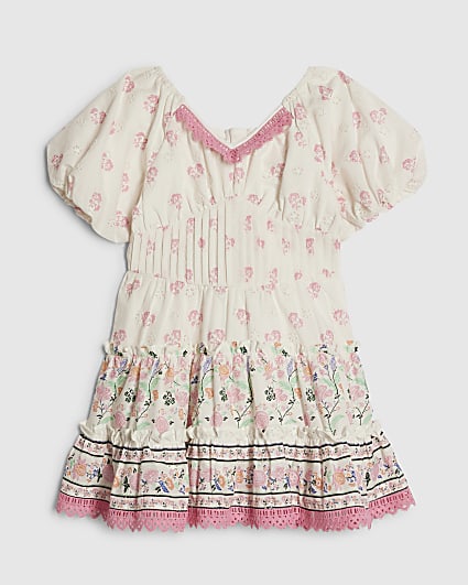 Mini Girls White Floral Belted Dress
