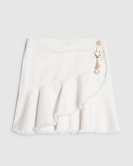 Girls White Asymmetric Denim Skirt