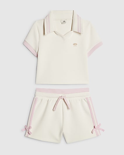 Girls Cream Polo Shirt And Shorts Set